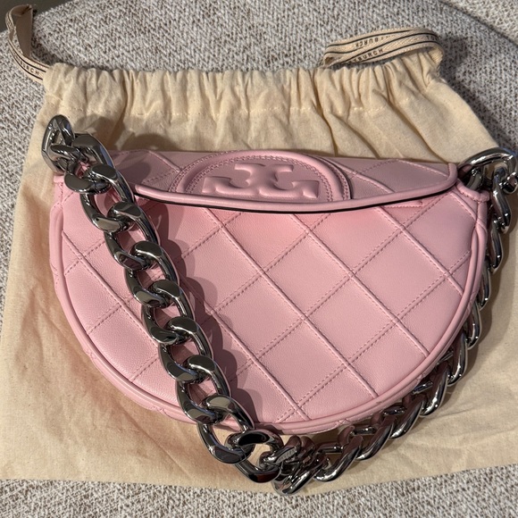 Pink Tory Burch Fleming Soft Crescent Shoulder Bag